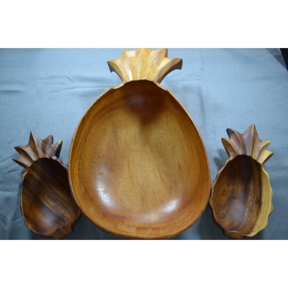 Monkey Pod Hawaii Carved Wood Pineapple Bowl Set Of 3